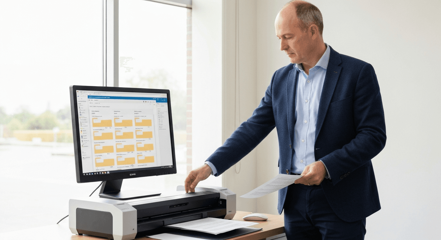 Accountant scanning client financial records with document scanner, organised digital folders on screen