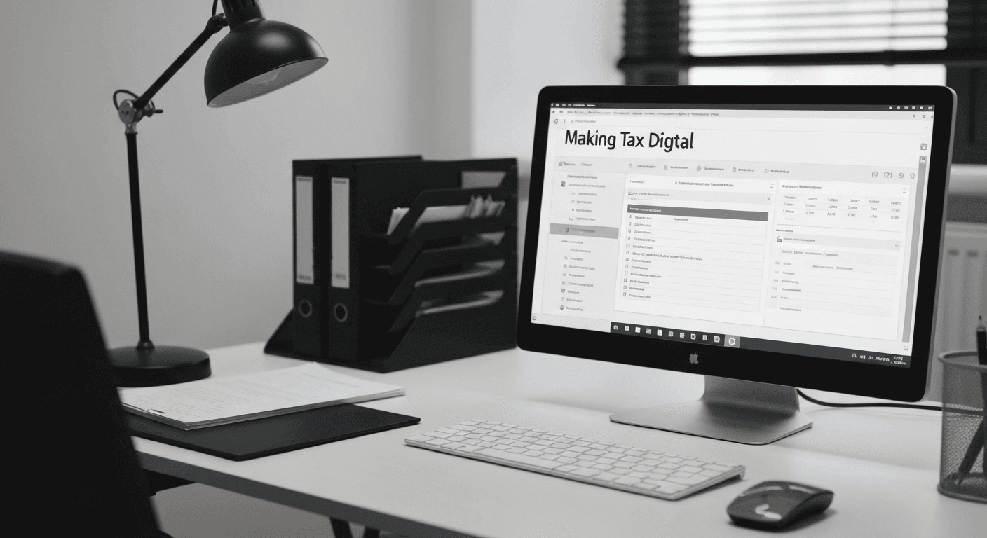Modern paperless UK accountancy office with Making Tax Digital software on screen, minimal paper