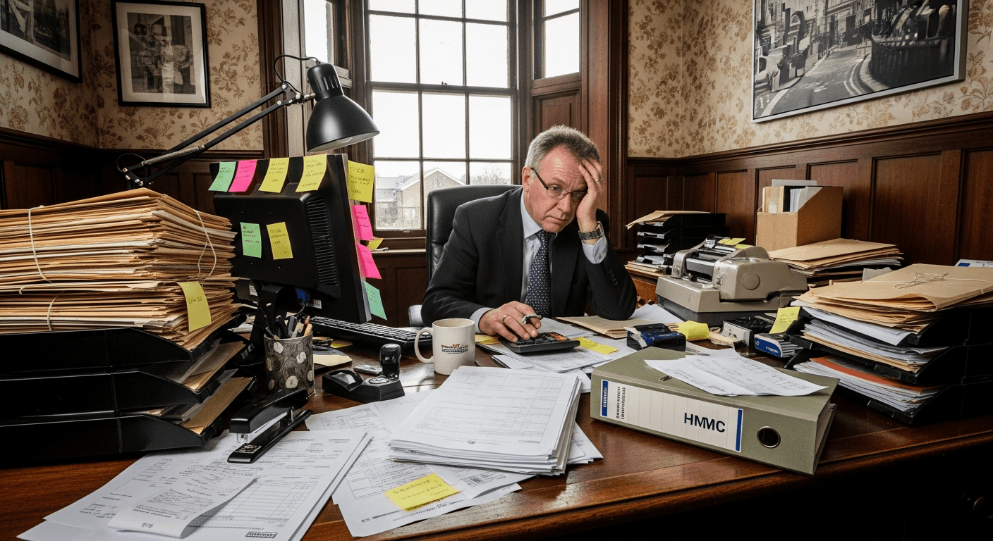 UK accountant overwhelmed by HMRC tax returns, invoices and financial records covering office desk