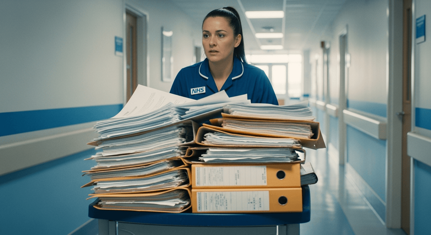 NHS hospital admin worker with trolley overflowing with paper medical records and patient files