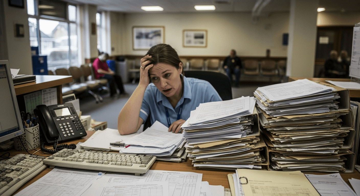 GP surgery receptionist at chaotic front desk buried in paper patient records and prescription forms