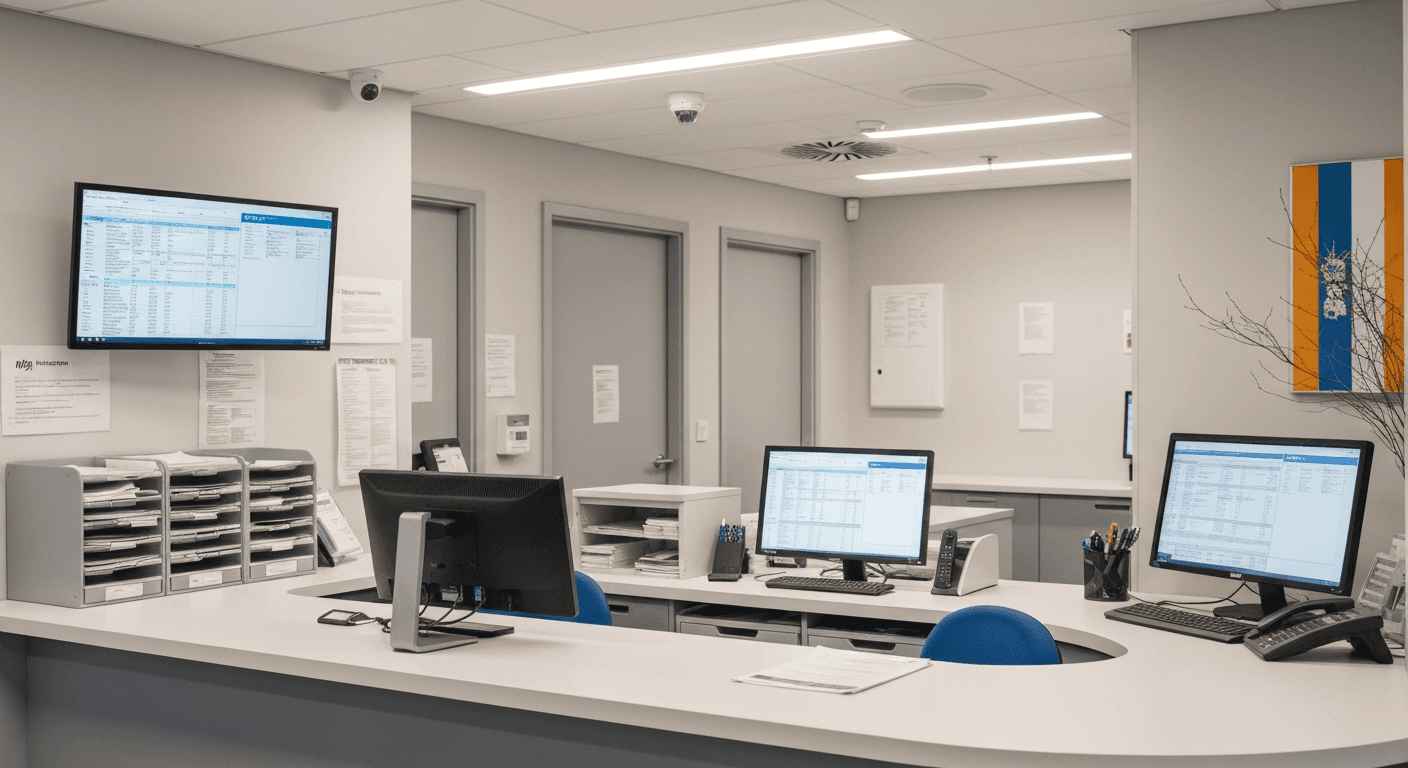 Modern paperless UK GP surgery reception with digital patient records on screen and minimal paper