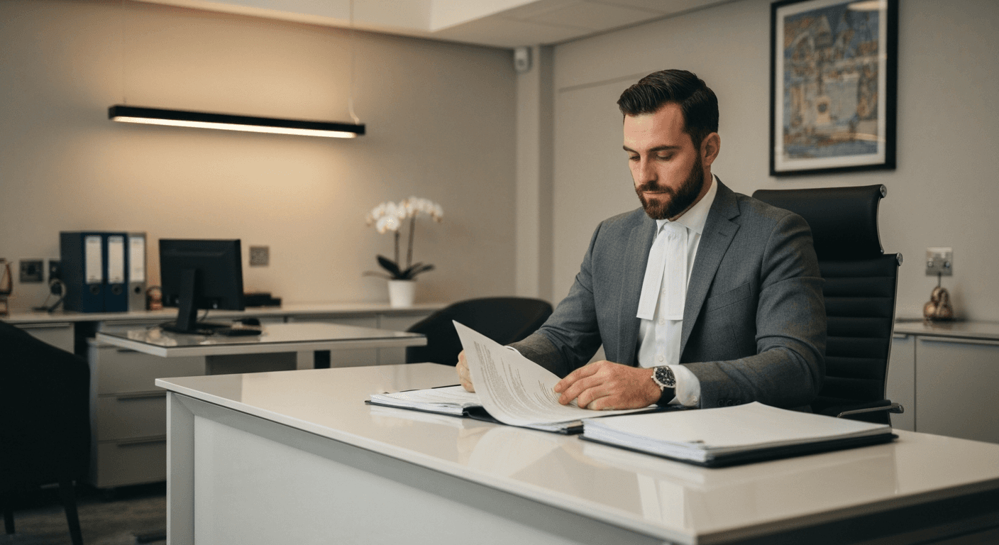 Modern UK law firm with well-organised SharePoint matter folders on screen, minimal paperwork