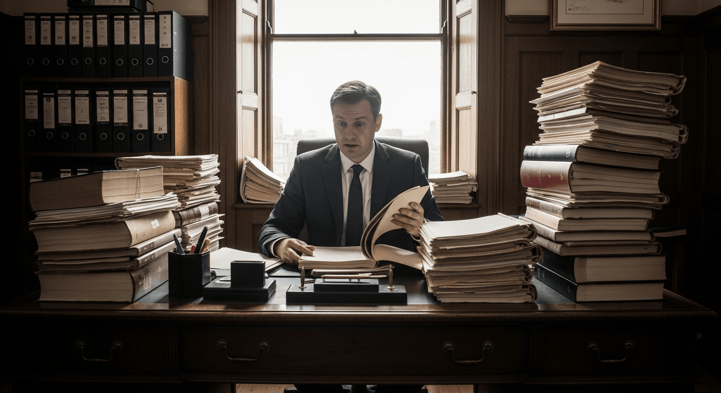UK solicitor in law firm office overwhelmed by towering stacks of case files and court bundles