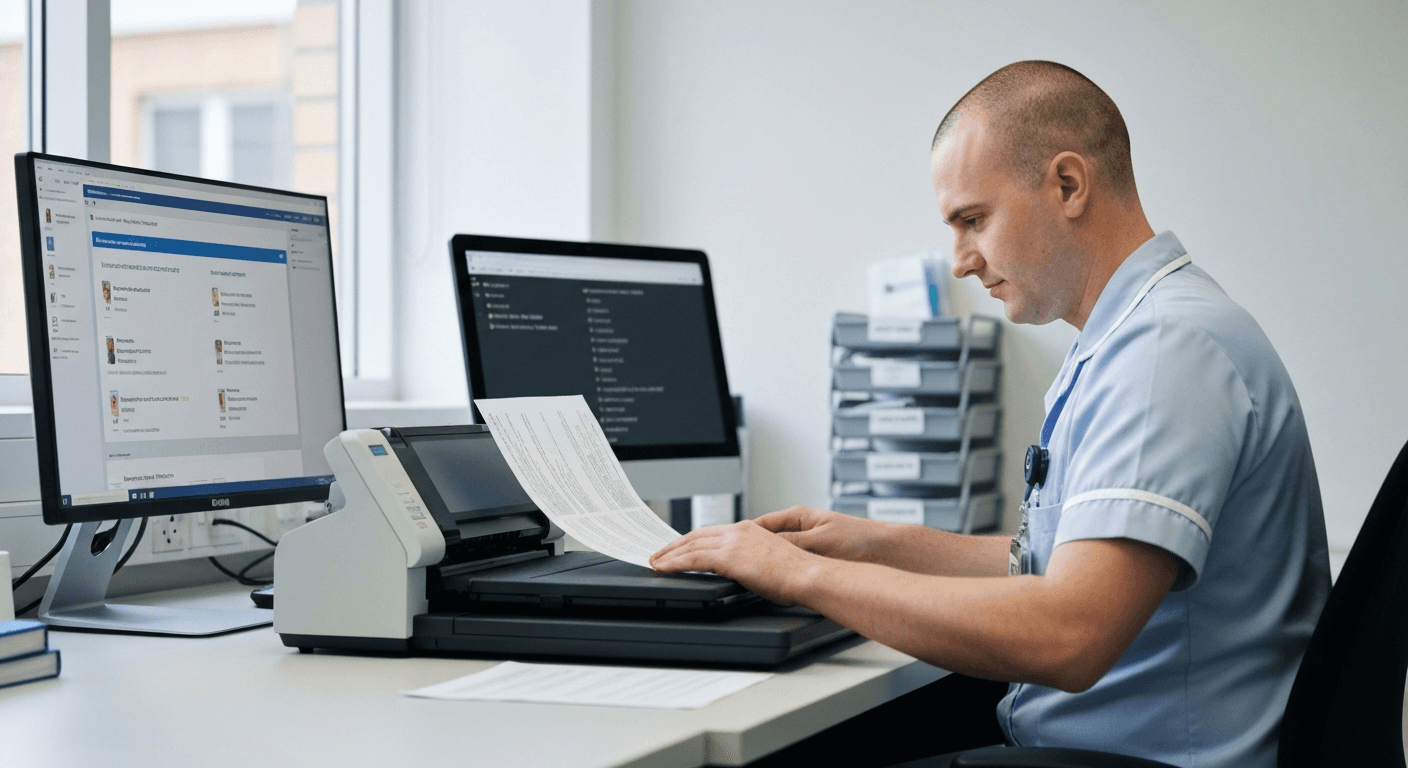 Healthcare worker scanning medical records directly to SharePoint document management system