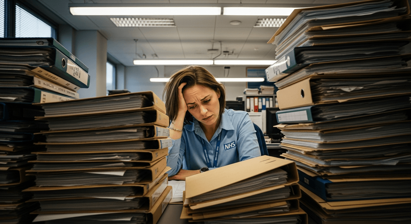 NHS admin worker overwhelmed by stacks of patient records and medical files in an NHS trust office