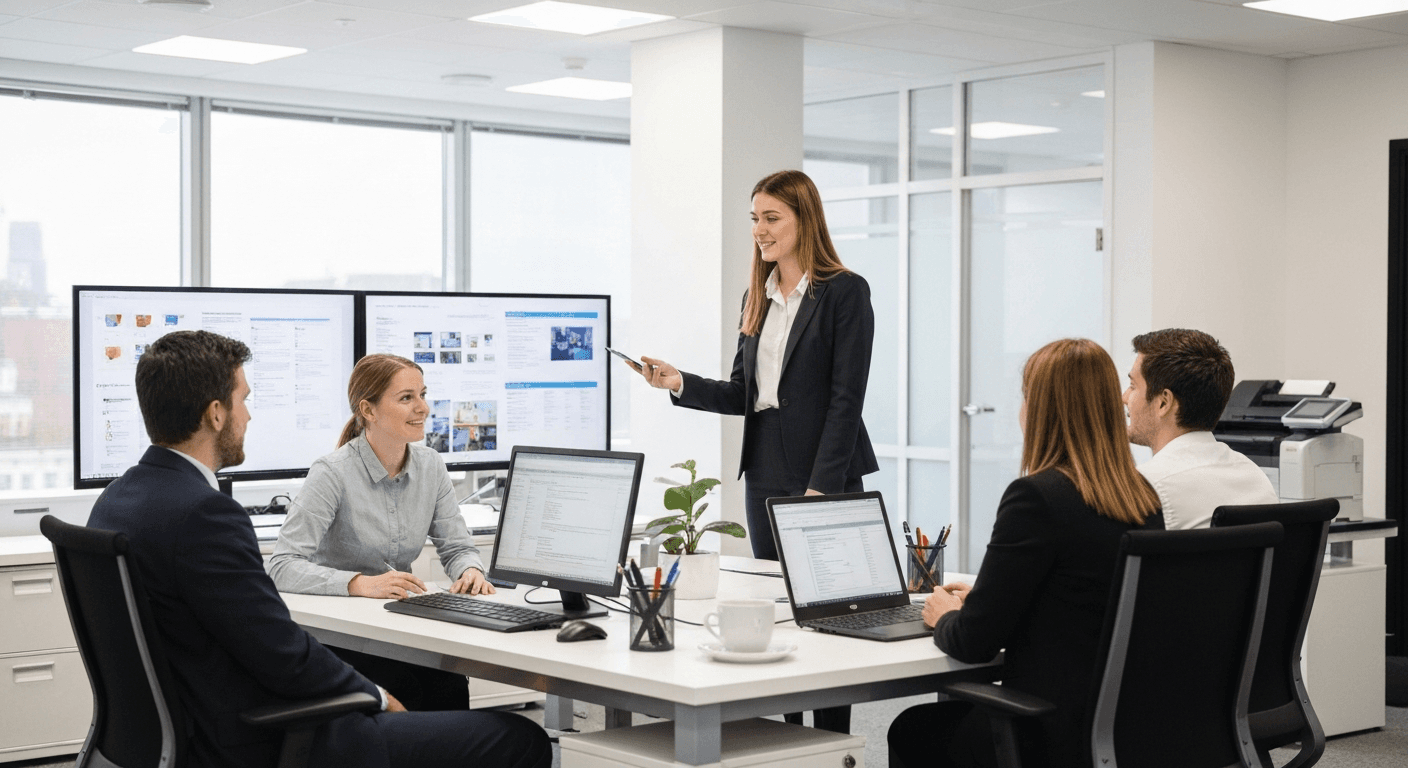 Paperless small business office with documents organised in SharePoint on screen, scanner in background