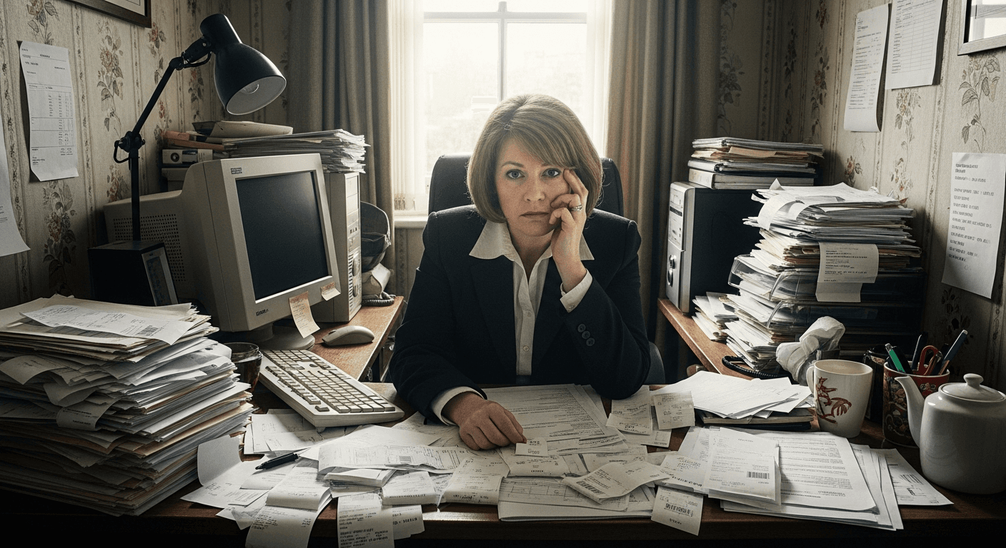 UK small business owner overwhelmed by piles of invoices, receipts and paper documents on office desk
